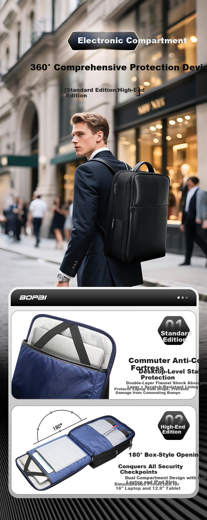 Bopai Men's Backpack USB Charging Fashion Business 16-inch Laptop Bag Travel College Student School Bag Holiday Gift 3