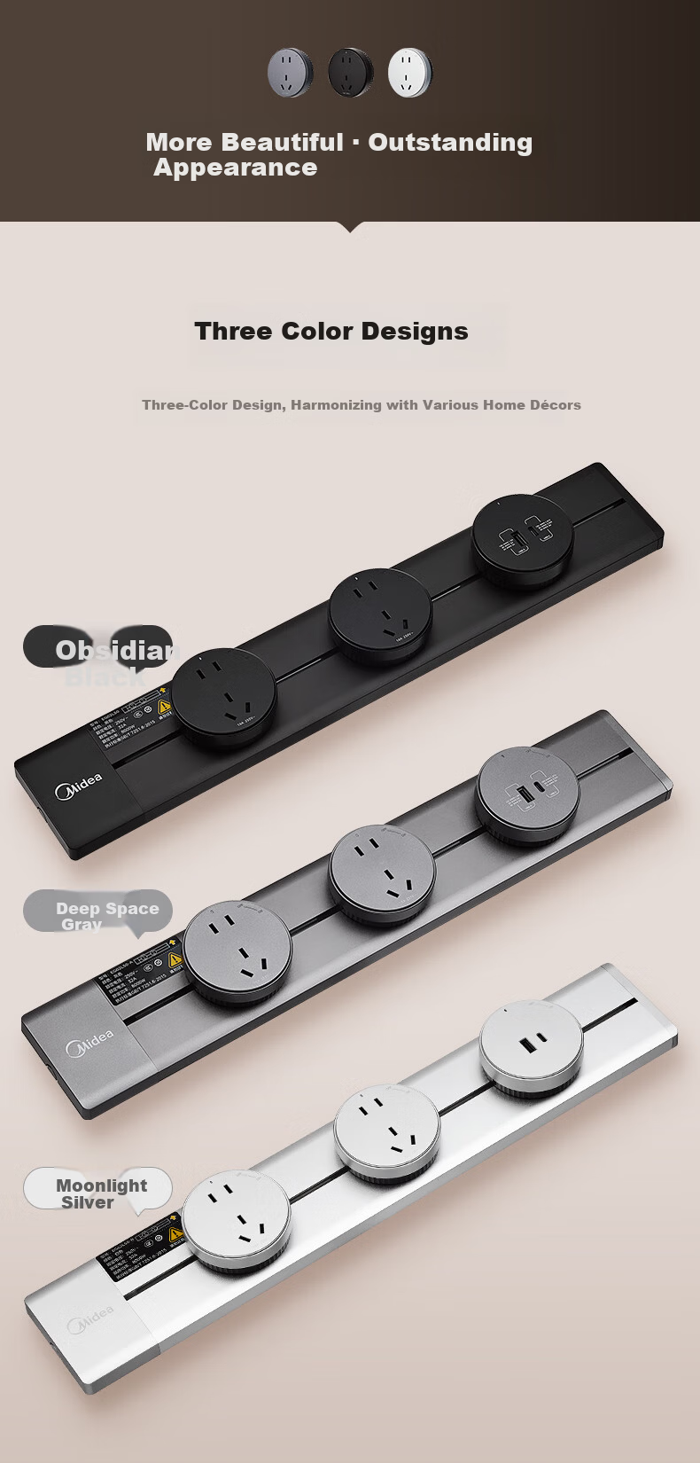 Midea Ultra-thin Upgraded Wall-mounted Track Power Strip with Switch, Surface-mounted Movable Rail Socket for Dining Cabinet, 40cm Track with 2 Five-hole Outlets, Black 3