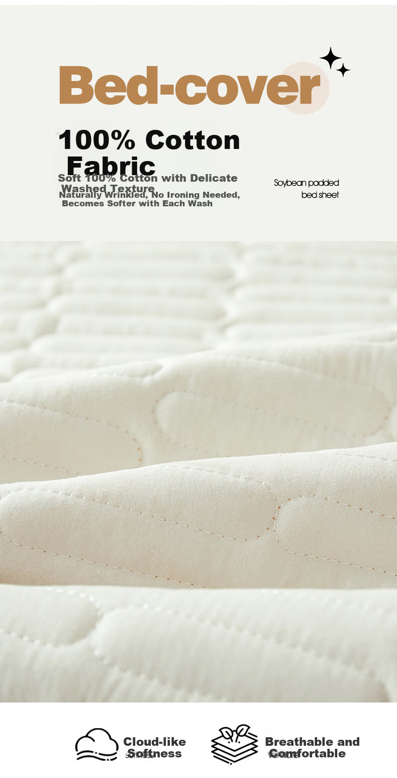 MUJI Class A Cotton Quilted Fitted Sheet Single Pure Cotton Mattress Protector Full Coverage Fitted Sheet 1.5x2m Bed 3