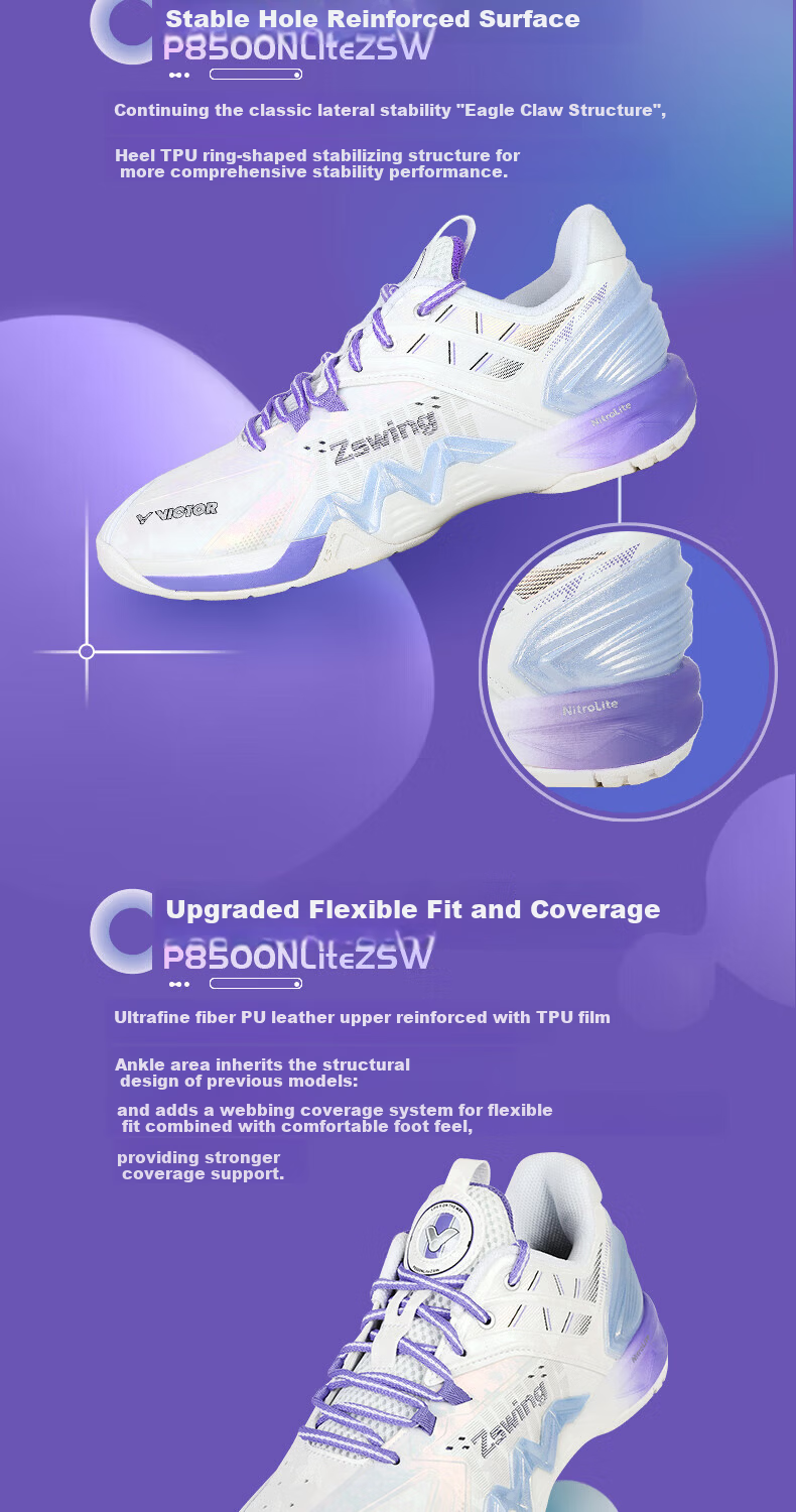 VICTOR Victory Badminton Shoes Zheng Siwei Comfortable Cushioning P8500NL ZSW Pearl White/Light Peony Purple Size 37 3
