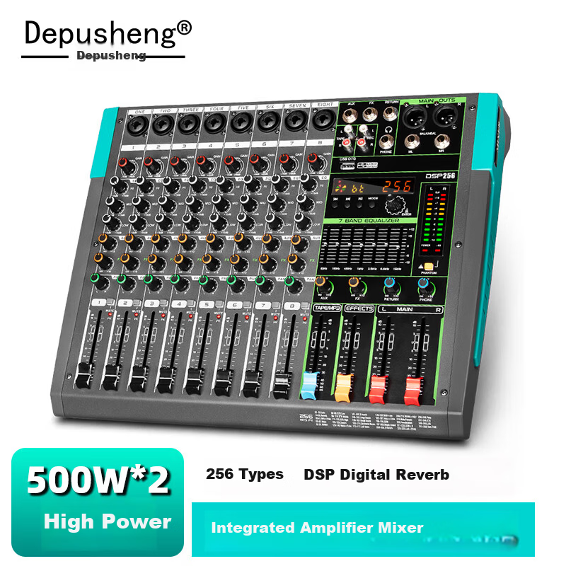 Depusheng GT2 8-Channel Mixer Amplifier All-in-One Stage Performance Home KTV Wedding Bar Conference 256 Reverb Bluetooth USB Single 15-Inch 500W*2 High Power