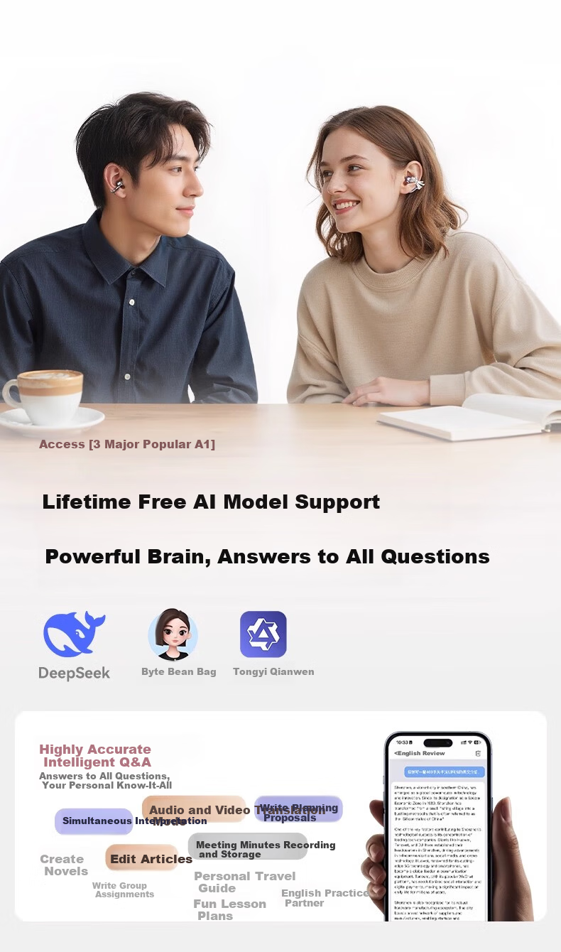 KINYO Bluetooth Earphones 2025 New Bone Conduction Clip-On AI Translation Wireless Sports Running i7 10