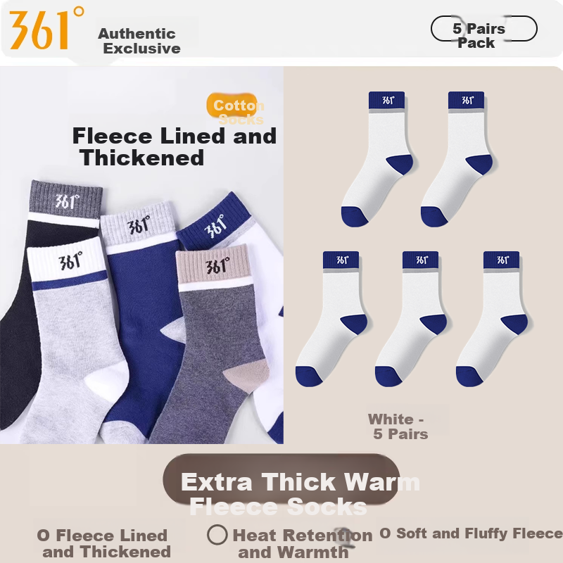 361° Authentic Winter Men's Casual Thick Fleece Thermal Crew Socks Solid Color White - 5 Pairs One Size