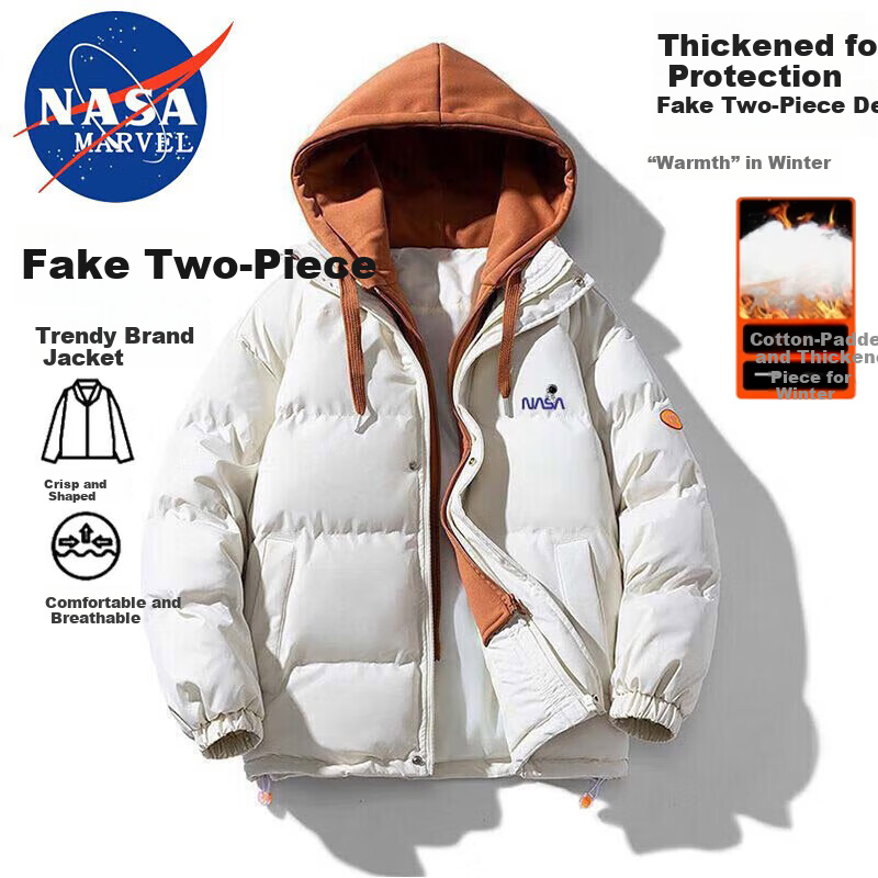 NASA MARVEL Men's Winter Cotton Padded Hooded Jacket Thick Warm Puffer Coat Sports Casual Couple Cotton Coat