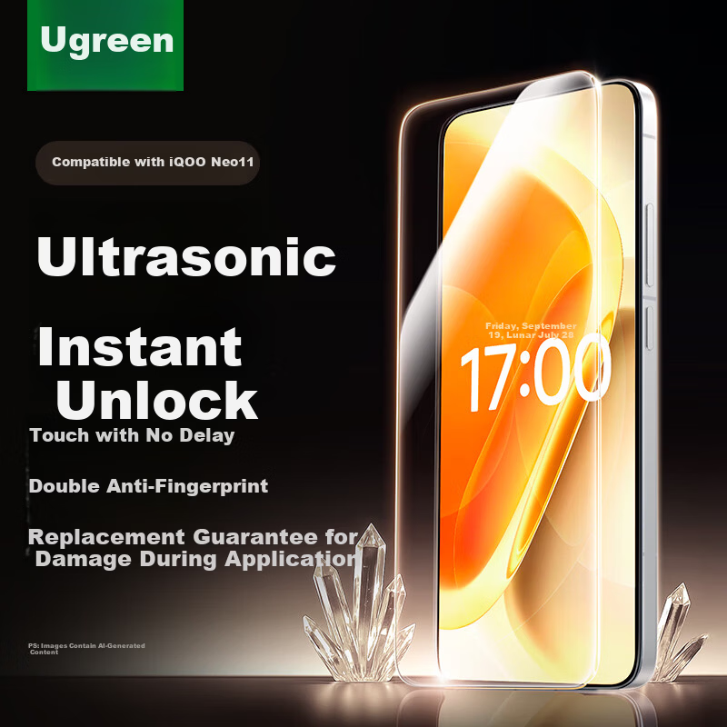 Ugreen [Ultrasonic Instant Unlock] Tempered Glass Screen Protector for iQOO Neo11, Vivo Full-Screen HD Anti-Fingerprint and Sweat-Resistant Film 95756