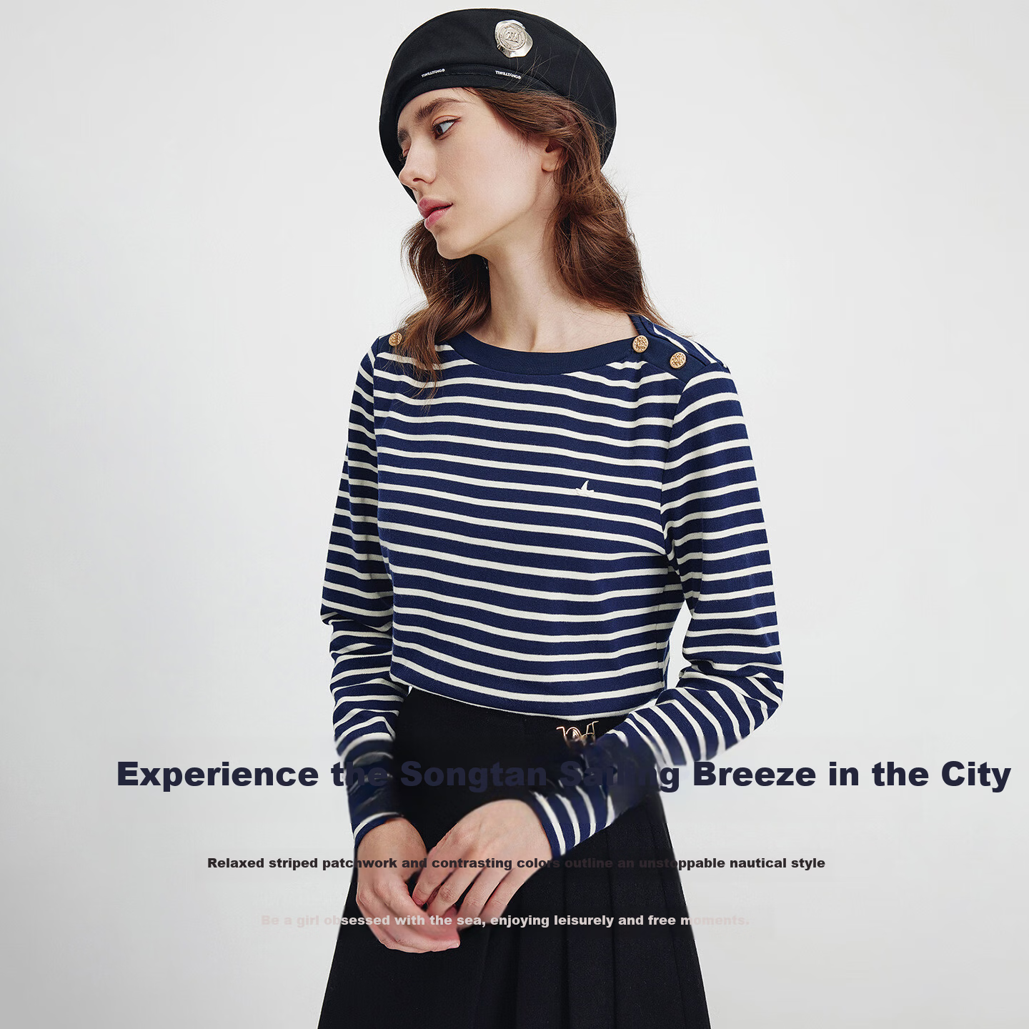 Navigare Small Sailboat Cotton Long Sleeve T-Shirt Spring Autumn Women's Nautical Off-Shoulder Striped Top 2335005502