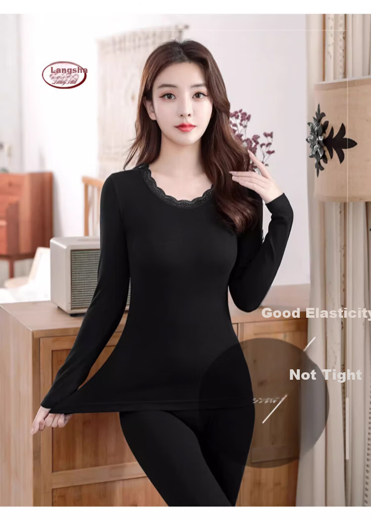 Langsha Women's Autumn Winter Thermal Underwear Set Antibacterial Velvet Seamless Heat Retaining Body Shaping Base Layer Shirt 11