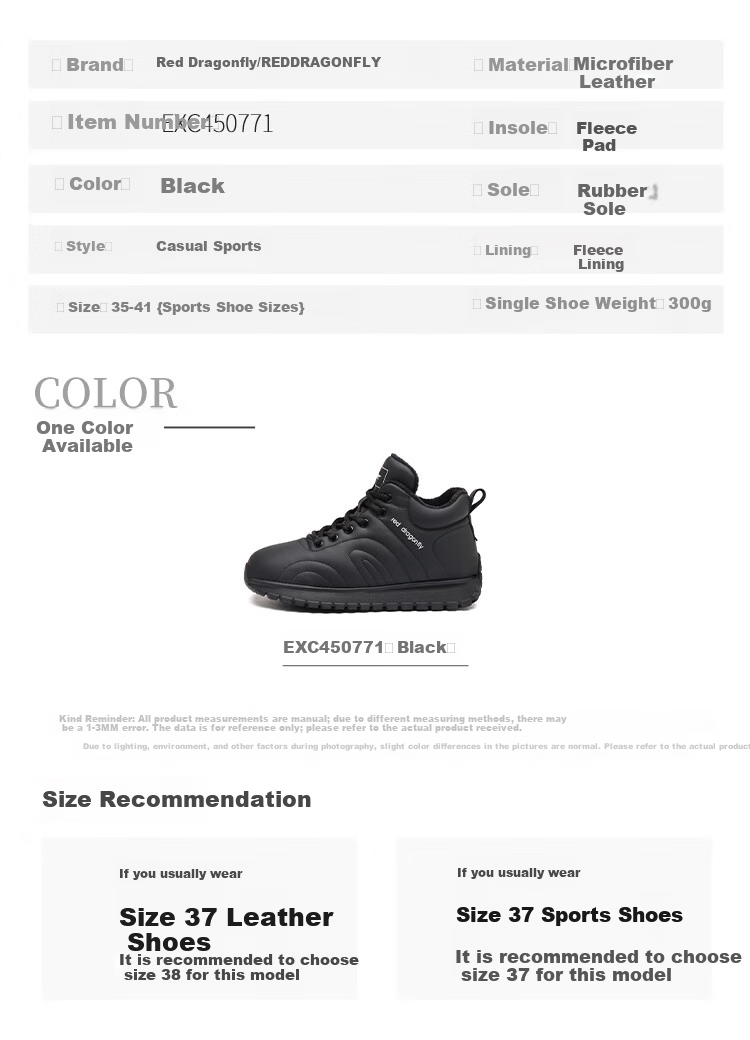 Red Dragonfly Women's Sports Shoes Fleece Lined Warm Casual Lightweight Travel Shoes Soft Sole Wear-Resistant EXC450771 Black Size 38 8