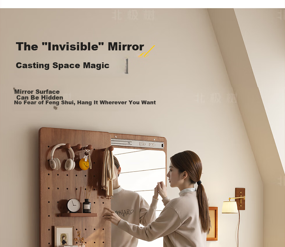 Arctic Tree Solid Wood Pegboard Dressing Mirror Hidden Sliding Mirror Home Wall-Mounted Concealed Entryway Fitting Mirror 3