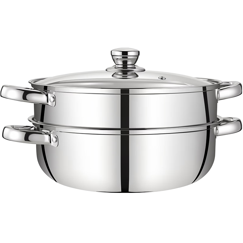 KEGOO Stainless Steel 30cm Double-Layer Steamer Hot Pot Soup Pot with Steaming Basket Compatible with Gas Stove and Induction Cooker KG593