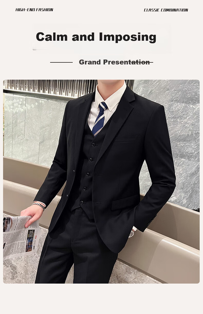 ROMON Men's Business Slim Fit Suit Jacket Formal Wedding Groom Navy Blue L 1