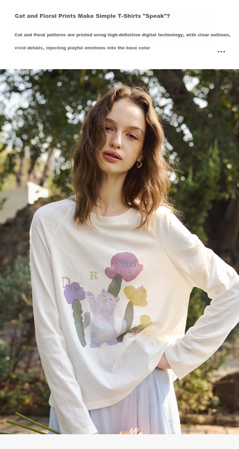 Olrain Casual Fun Cat Print Loose Long Sleeve T-Shirt Women Spring New Round Neck Top White S 9