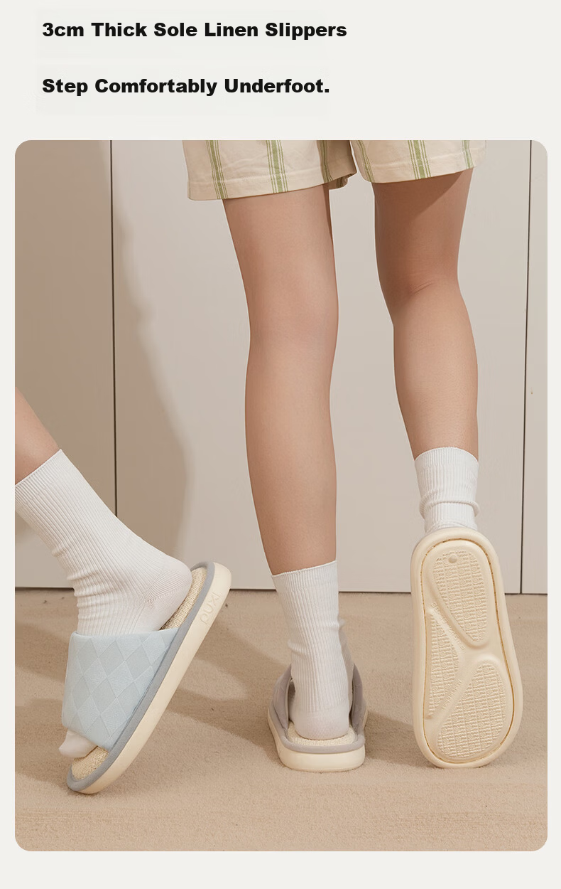Puxia Linen Slippers Women Couples Thick Sole Non-slip Breathable Silent Home Cotton Slippers Men Light Blue Size 36-37 5