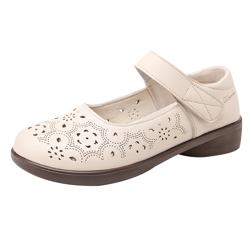 Warrior Women's Summer Soft Sole Flat Non-Slip Leather Sandals for Middle-Aged and Elderly 0154 Beige Size 41