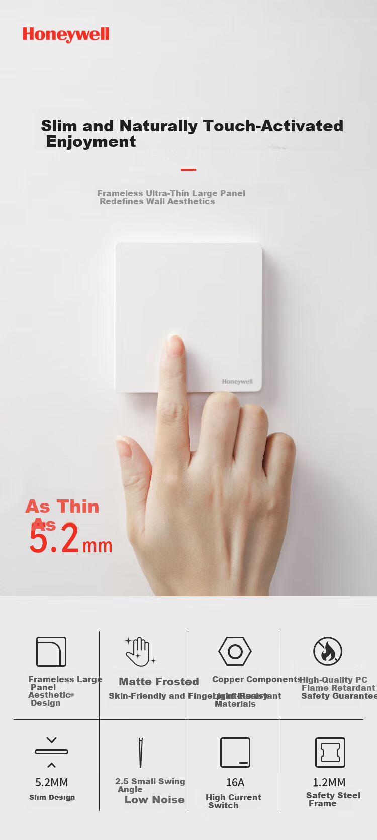 Honeywell Ultra-Thin Frameless Switch Socket Panel Matte Skin-Friendly 86 Type Two-Gang Multi-Control Ruiyi T3 White Cream Style 1