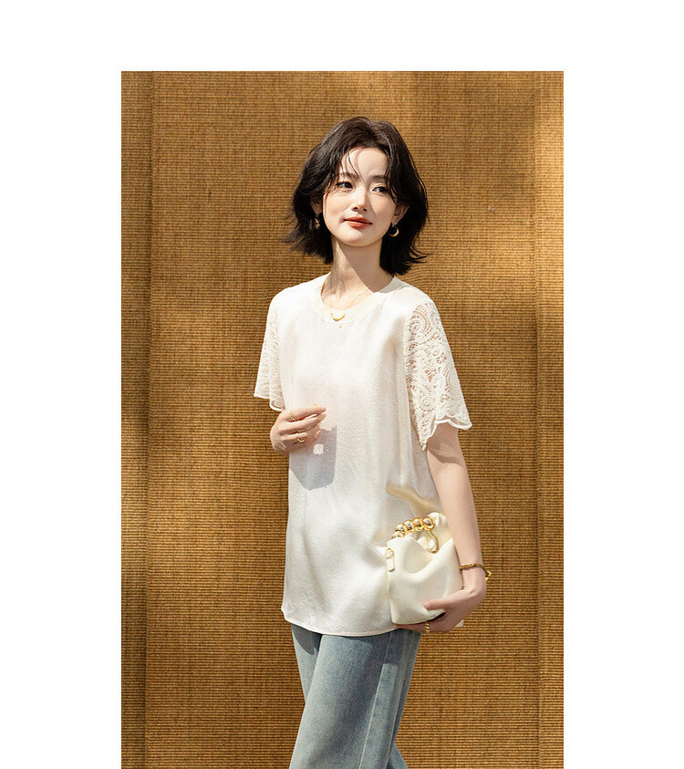 Demana [100 Acetate] Summer Glossy Lace Trim Short Sleeve Ribbed Crew Neck Loose Shirt for Women Premium Feel 9