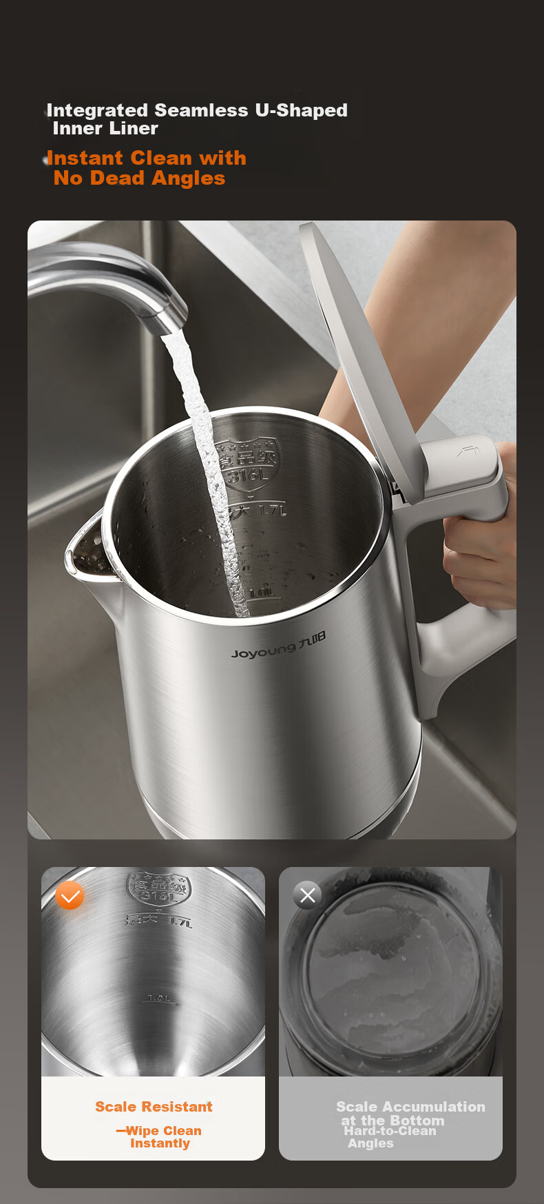 Joyoung Electric Kettle U-Bottom 5-Stage Temperature Control 1.7L 316L Stainless Steel Baby-Grade Seamless Inner Liner No Glue 17WU2T 5