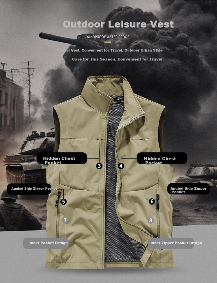 JEEP SPIRIT Men's Outdoor Casual Quick-Dry Vest Breathable Simple Stand Collar Photography Jacket Black L 8