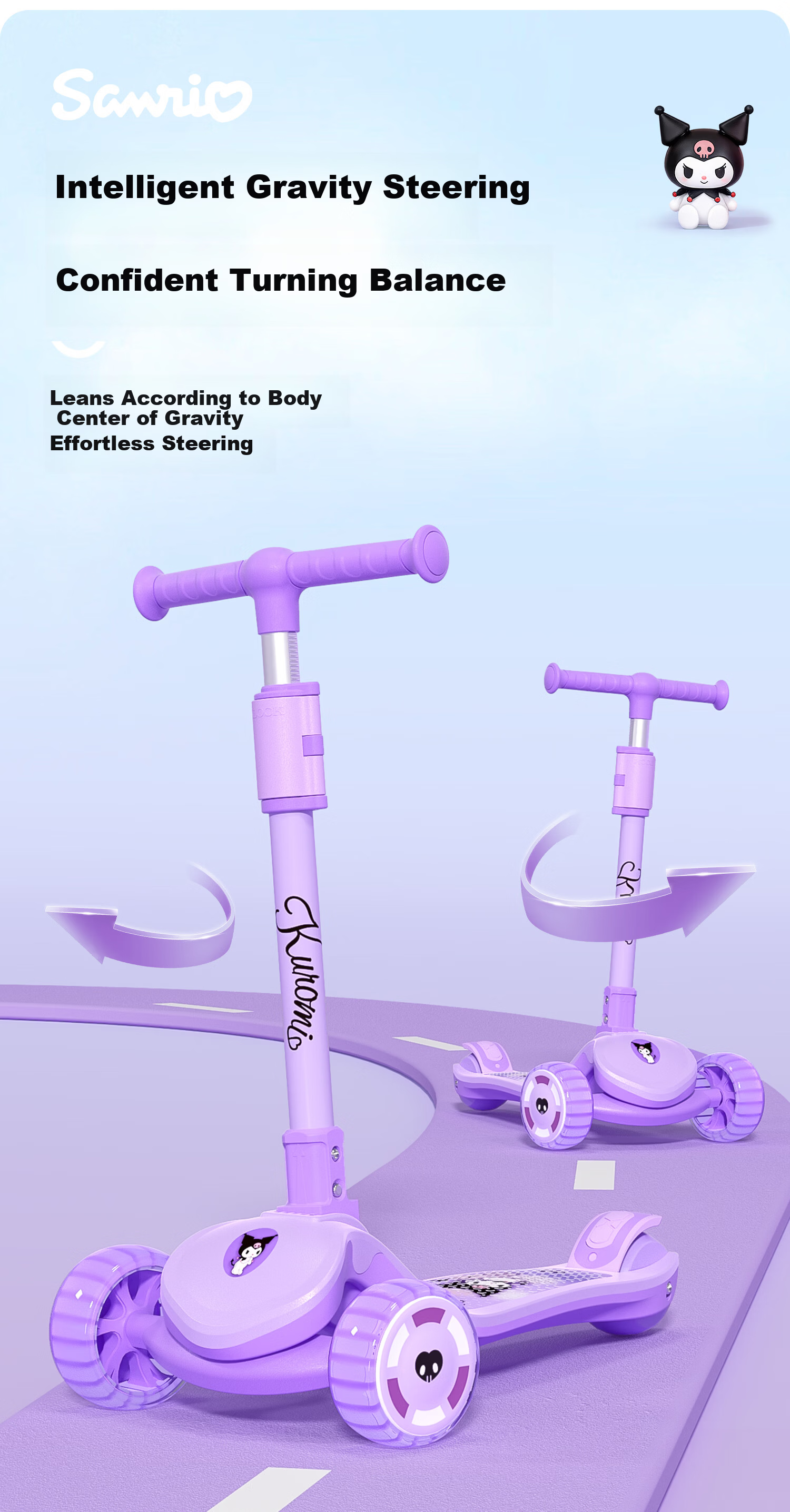Mesuca Kids Scooter Kuromi Baby Ride-On Scooter Adjustable Foldable Balance Bike for Ages 1-12 6