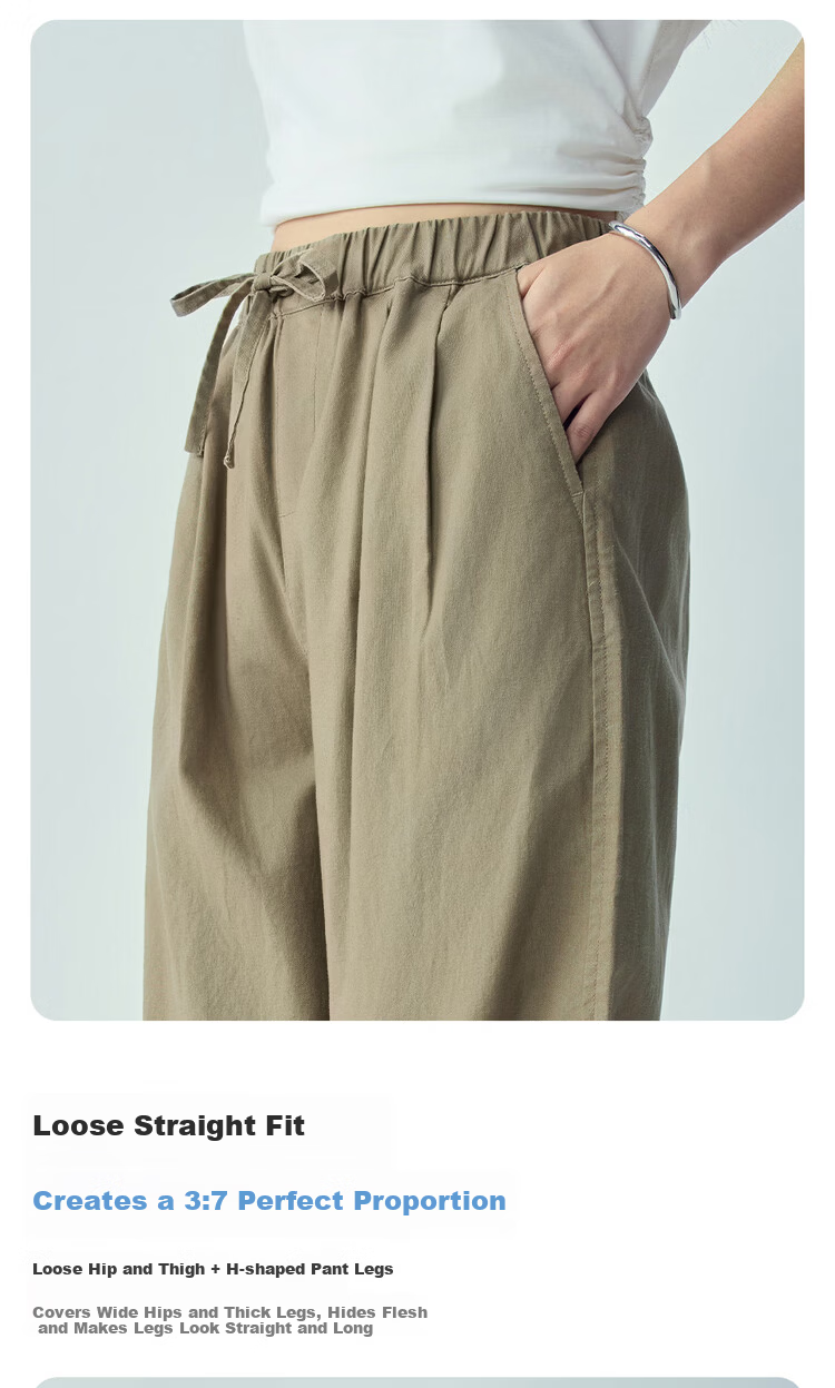 Giordano Women's Summer Linen Pants Cotton Linen Elastic Waist Loose Straight Casual Trousers 05416311 7