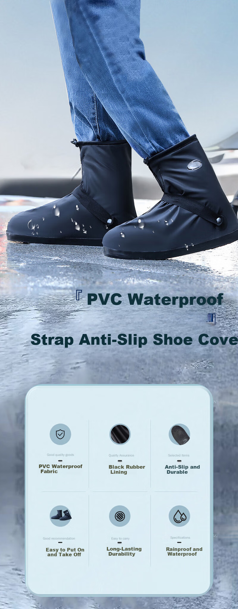 Jiuzhen YZF98 PVC Rain Shoe Covers with Straps Outdoor Waterproof Non-slip Wear-resistant Black Mid-calf XL 1