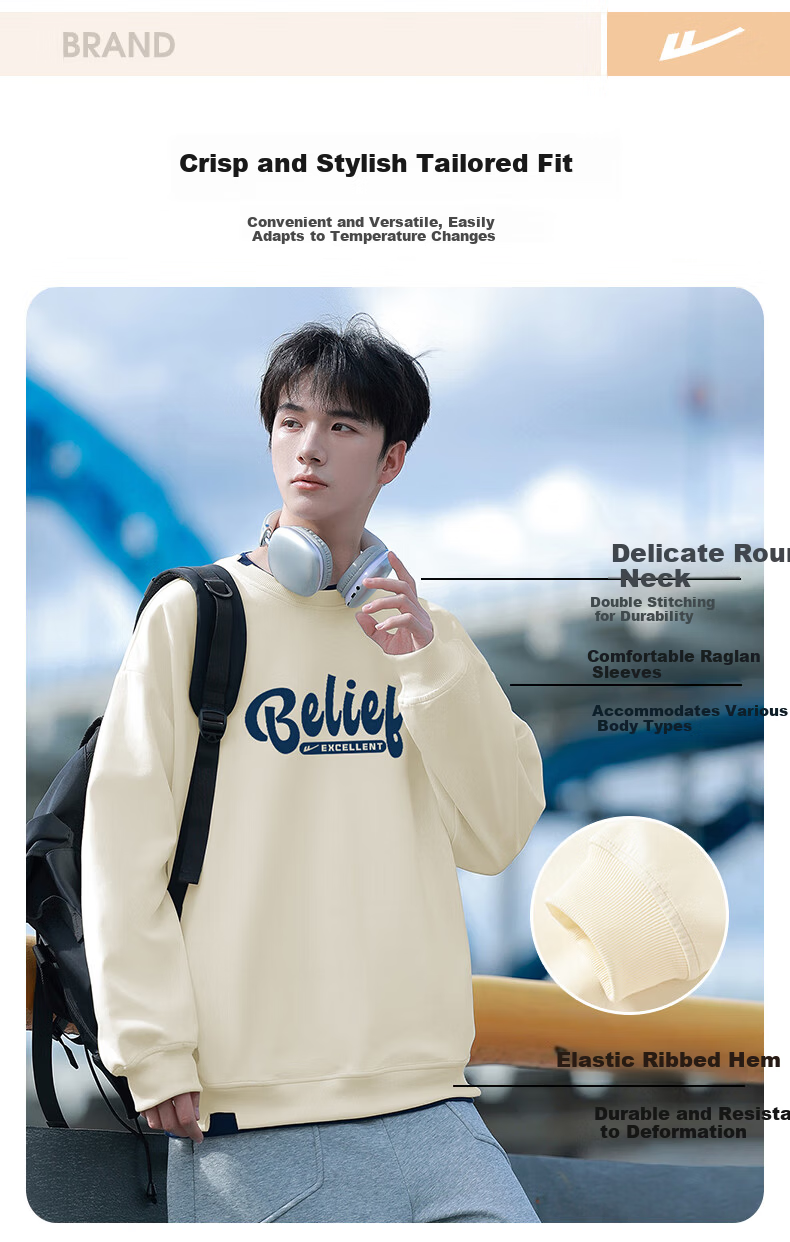 Huili Men's Sweatshirt, Autumn Letter Print Long-Sleeve T-Shirt, Loose-Fitting Undershirt, Casual Trendy Top for Men, Apricot Color, Size M 5