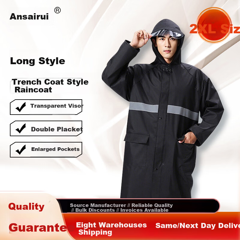 Ansell Long Trench Coat Style Raincoat Adult Long Raincoat Anti-Heavy Rain Flood Reflective Hooded Outdoor Security Duty Construction Labor Rain Poncho Black [2XL Fits 125-140 Jin] 28734