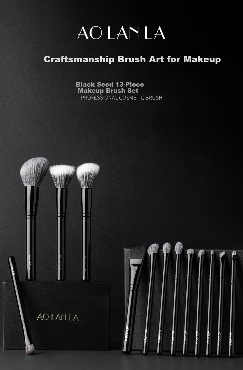 AOLANLA Black Seed Makeup Brush Set 13 Pieces Including Fish Tail Foundation Brush, Triangle Highlighter Brush, Eyebrow and Eyeliner Brushes Gift for Girlfriend 1