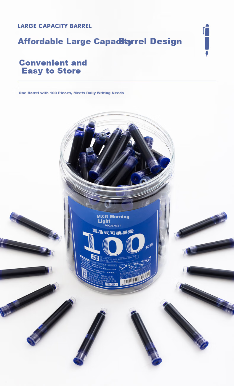 M&G Stationery 0.9ml Refillable Erasable Ink Cartridge for Student Fountain Pen, 100pcs Pure Blue AIC47631B3 3