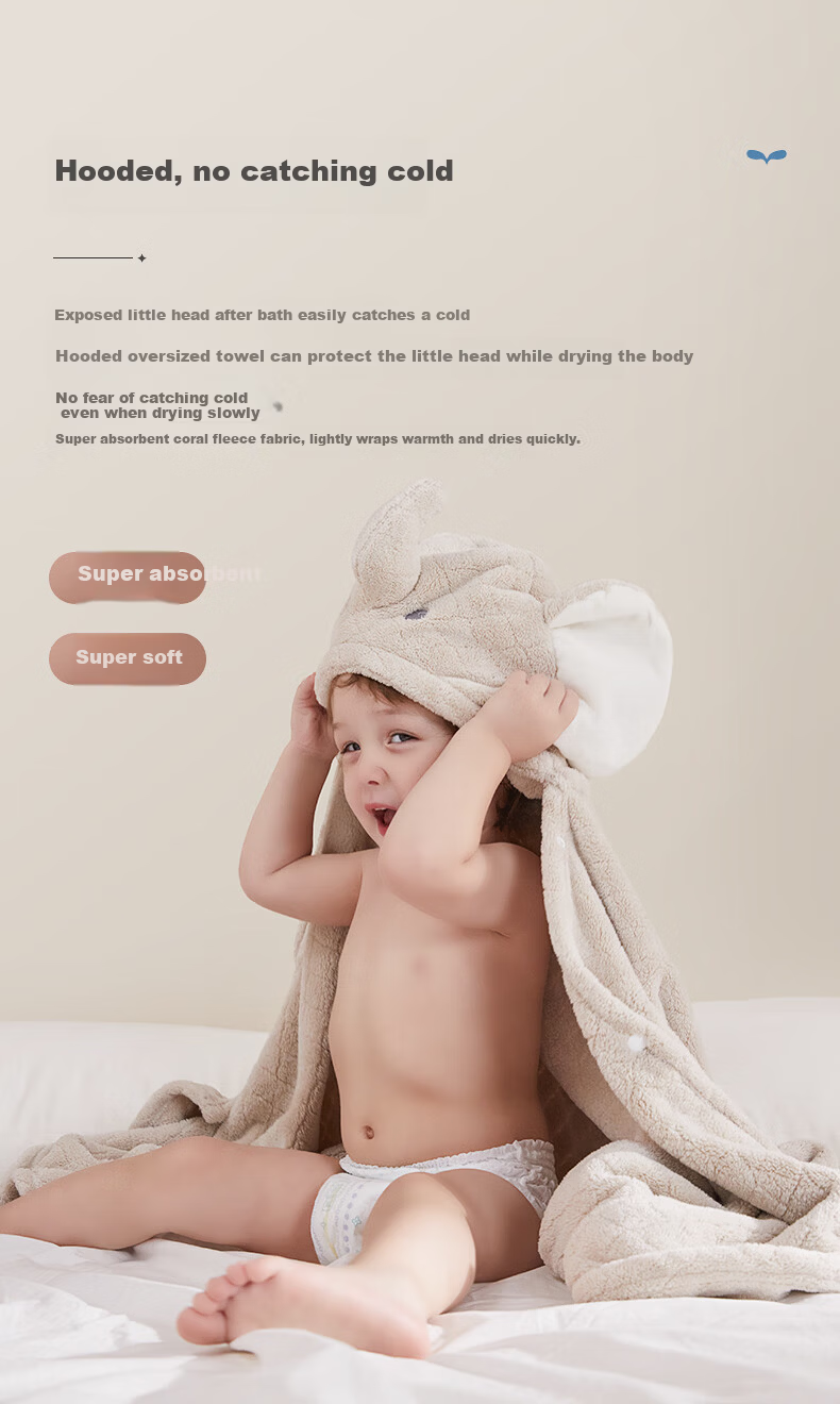 BABYGREAT Baby Hooded Bath Towel Children's Bath Cape Newborn Hooded Swaddle Coral Fleece Absorbent Quick-Dry 1