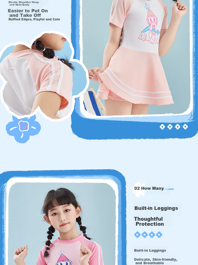 Li-Ning Children's Swimsuit, One-Piece Dress Style for Girls, Comfortable Square-Leg Design, Quick-Drying, Suitable for Swimming, Beach, And Hot Springs 6