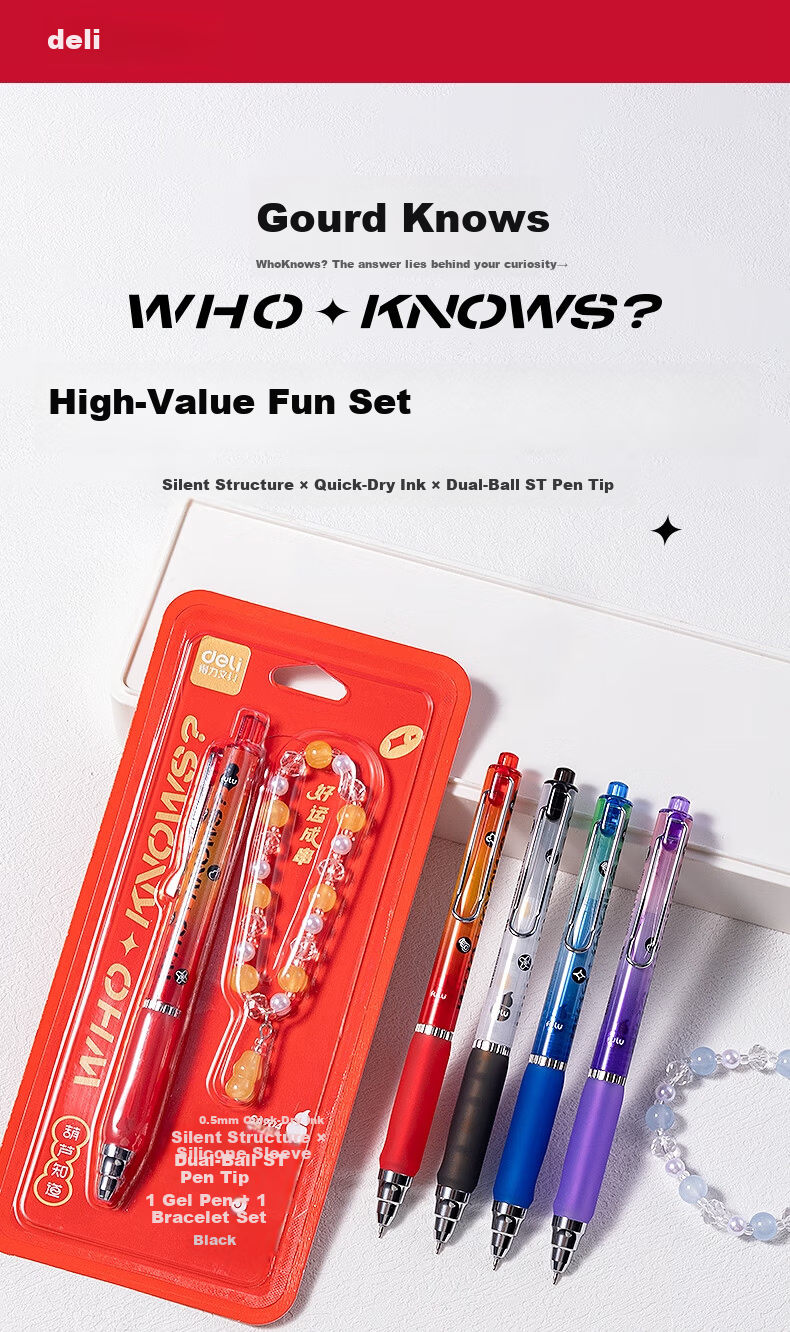 Deli Gourd Shaped Quick-Dry Retractable Gel Pen 0.5mm Dual Ballpoint ST Tip Student Exam Pen Set (1 Pen + 1 Bracelet) Random Color SA704 1