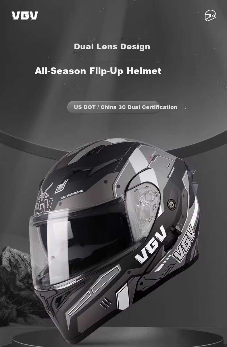 VGV Motorcycle Helmet 3C Certified Full Face Four Seasons Warm Double Lens Flip-up Helmet Mechanical Black XL 9