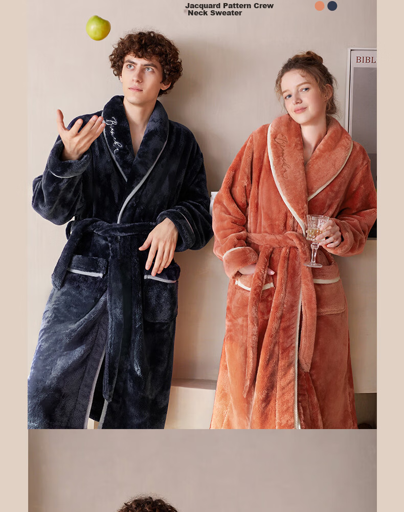 FENTENG Autumn Winter New Thickened Flannel Couple's Long Coral Fleece Bathrobe Men's Pajamas Homewear 20