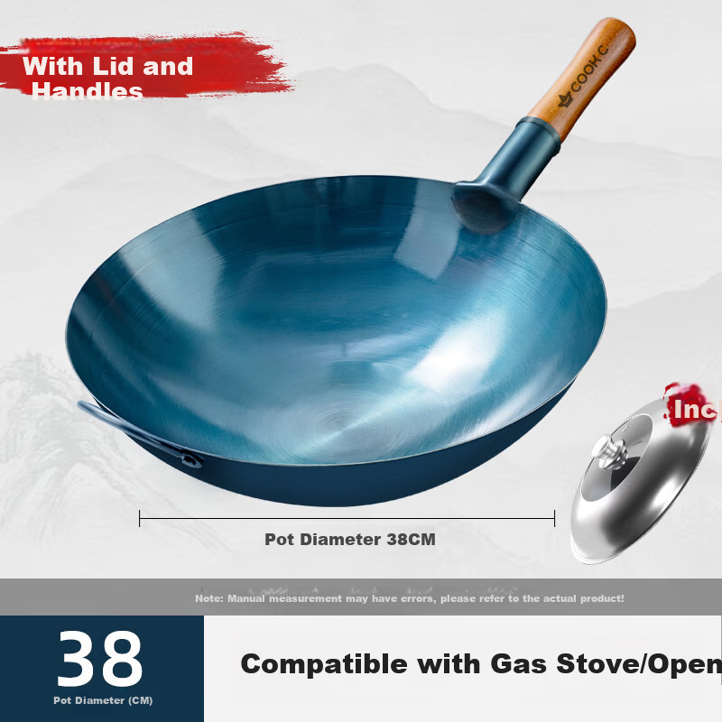 CHUI DA REN Zhangqiu Handmade Forged Iron Wok Round Bottom Traditional Non-Coated Non-Stick Stir-Fry Pan Gas Stove Compatible with Lid 38cm