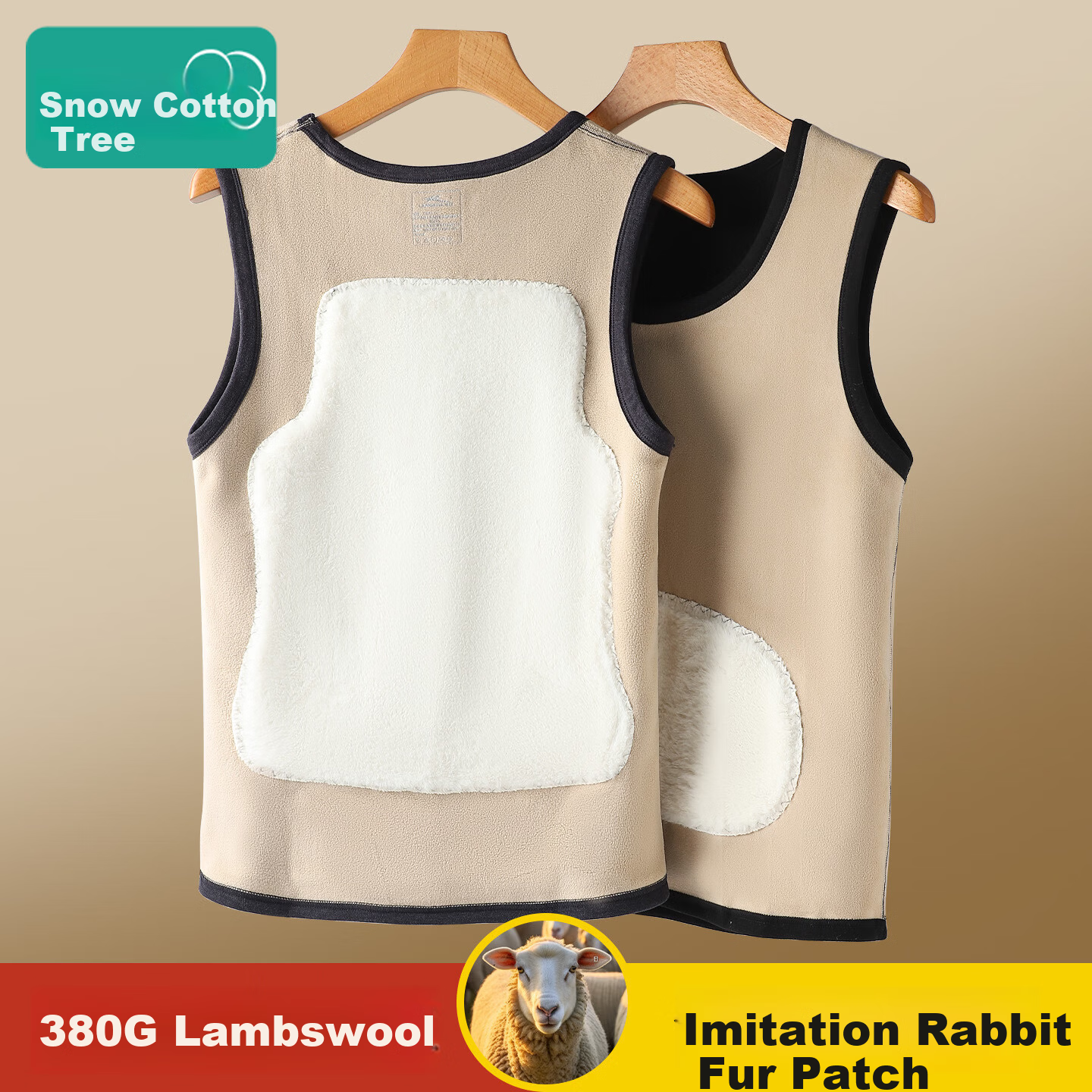 Bingxue Kapok Men's Thermal Vest Winter Thickened Fleece Lined Faux Rabbit Fur Patch Stomach Warmer Back Warmer Base Layer Sleeveless Shirt