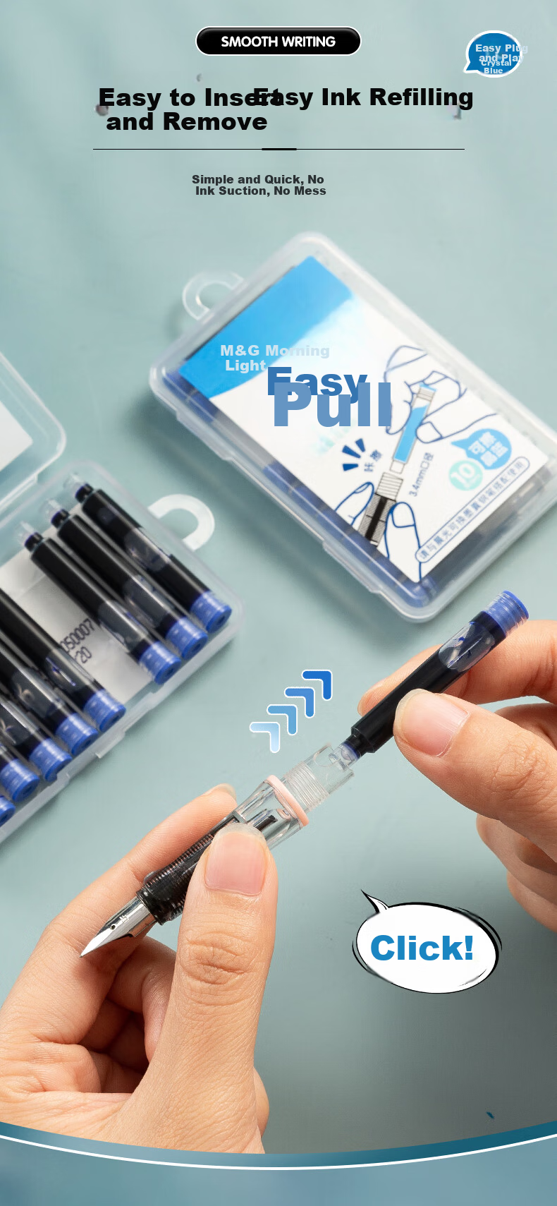 M&G Stationery Fountain Pen Ink Cartridges Refillable Disposable Ink Cartridges Easy to Insert and Replace 10-Pack Crystal Blue 2