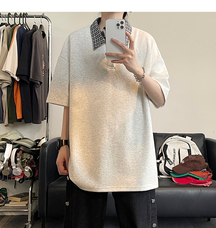 Popeye Two-Piece Houndstooth Polo Shirt Short Sleeve Men's Summer Collared T-Shirt Cleanfit Half Sleeve DX21 White Gray XL 8