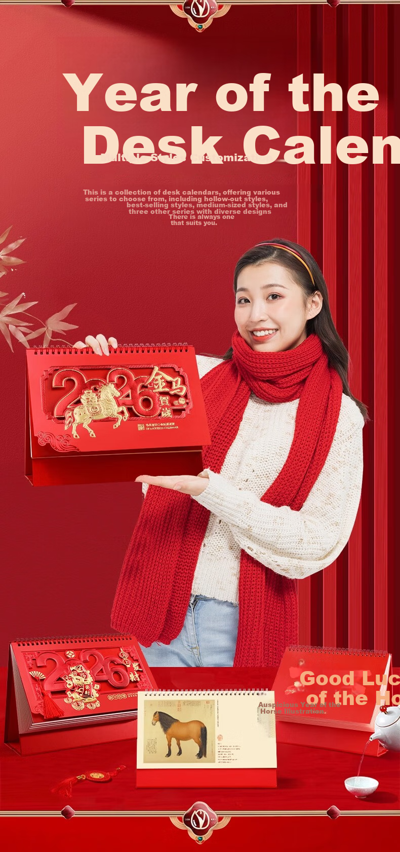 Muulee 2026 Custom Large Chinese Red Festive Triangle Desk Calendar Corporate Gift Business Desktop Calendar Year of the Horse New Monthly Calendar 2