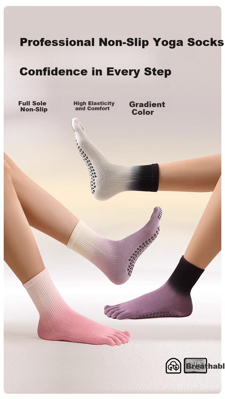 Dewick Five-Toe Yoga Socks Professional Non-Slip Pilates Training Indoor Fitness Toe Separation Mid-Calf Purple Faux Two-Piece 1