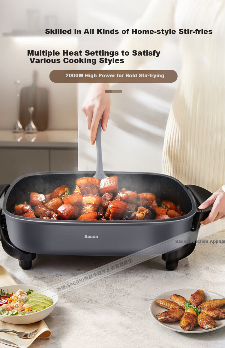Sacon Electric Hot Pot Multifunctional Electric Frying Pan Grilled Fish Electric BBQ Stove Household Smokeless Electric Grill Large Capacity Non-stick Electric Skillet ML-8010C 9