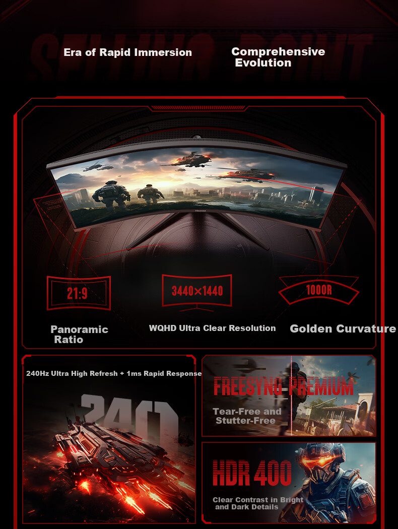 Hisense 34-inch Ultrawide Curved Monitor 240Hz 1000R Curvature Built-in Speakers HDR400 WQHD Gaming Screen 34G6K Ultra 4