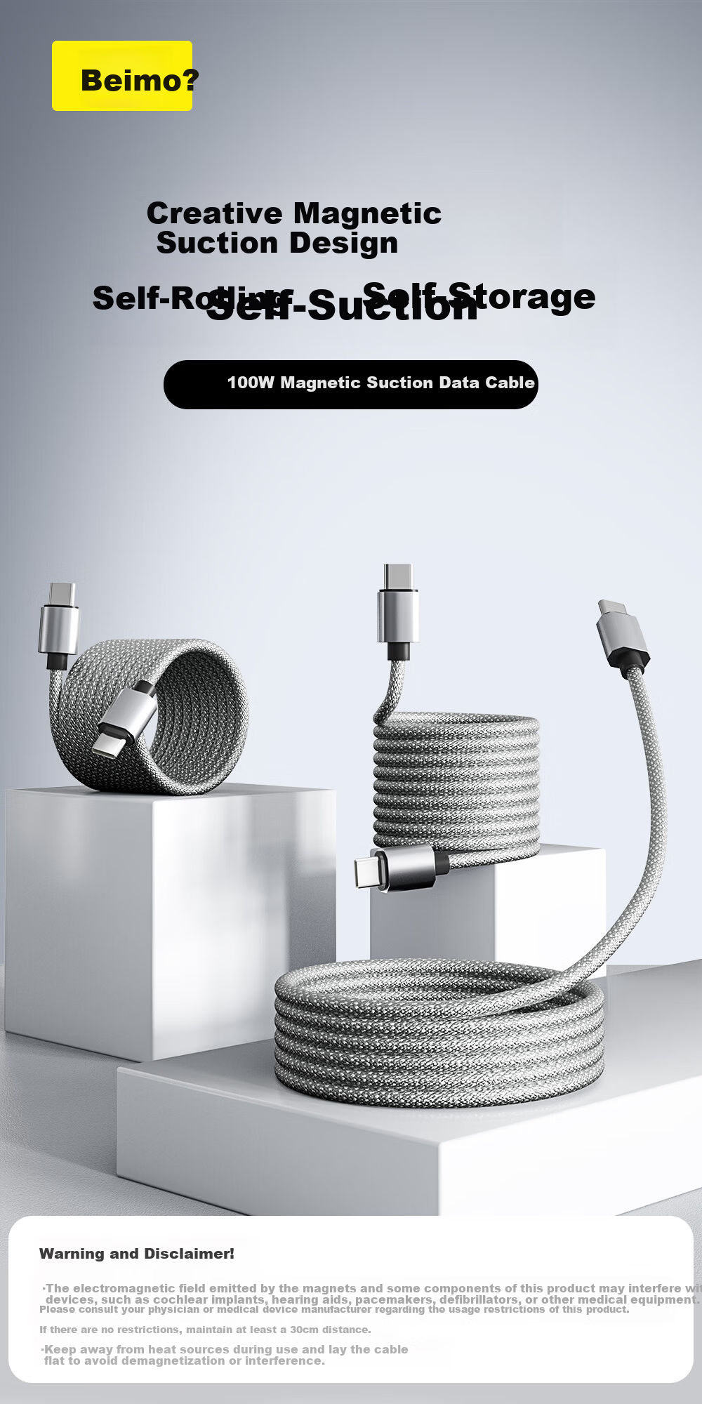 Beimo Magnetic USB-A to Type-C Data Cable 65W Fast Charging Car Charger Compatible with iPhone 17/16 Pro Max, iPad, Huawei Silver 1