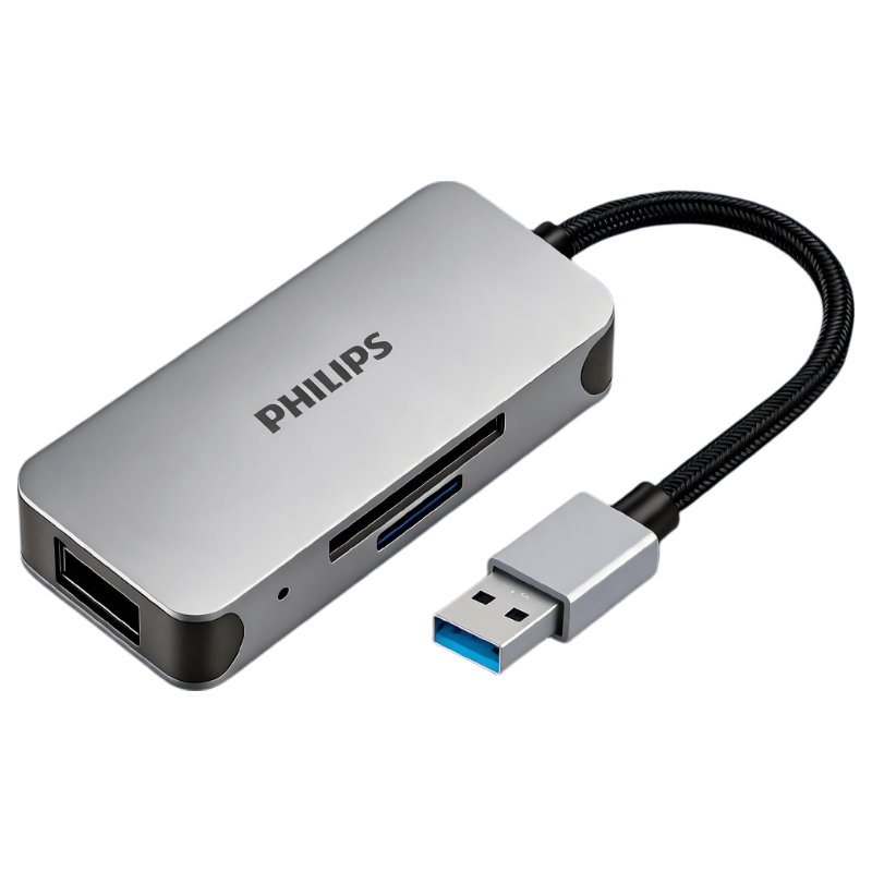 PHILIPS USB 3.0 HUB High-Speed 3-in-1 Card Reader Dual SD/TF Card Reader Compatible with Computer Camera Drone Dash Cam Surveillance Memory Card Mobile Storage Card