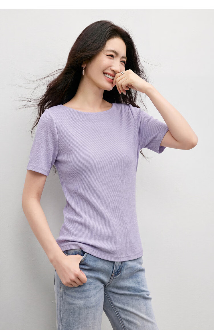Shangdu Bila Off-Shoulder Boat Neck Double Needle Stitching T-Shirt for Women Summer Elegant Commuter Stretch Ribbed Knit Top 17