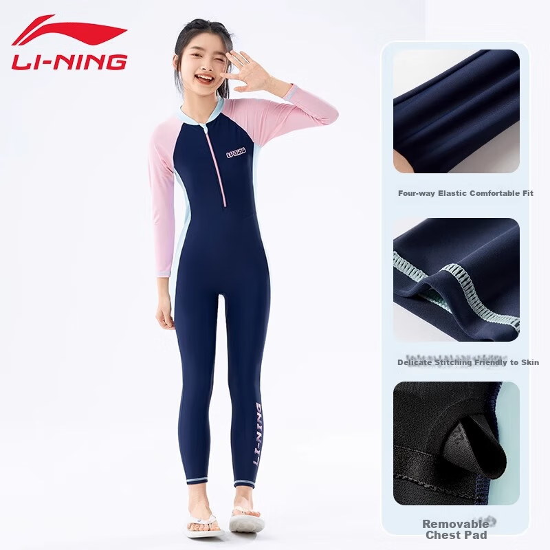 LI-NING Kids Girls One-Piece Long Sleeve Long Pants Swimsuit with Chest Pad Sun Protection Swimwear for Middle School and Older Children