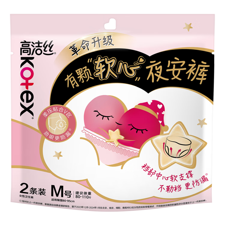 Kotex Soft Core Nighttime Panties, M Size, 2 Pairs, Pants-Style Sanitary Napkins, Menstrual Night Use Sleep Pants, Sold by JD, Summer Ultra-Thin Breathable