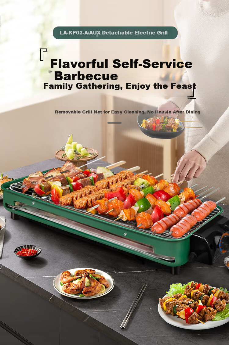 AUX Electric Grill Pan BBQ Pot Home Multi-Function Electric Barbecue Grill Non-Stick Removable Electric BBQ Cooker LA-155G 1