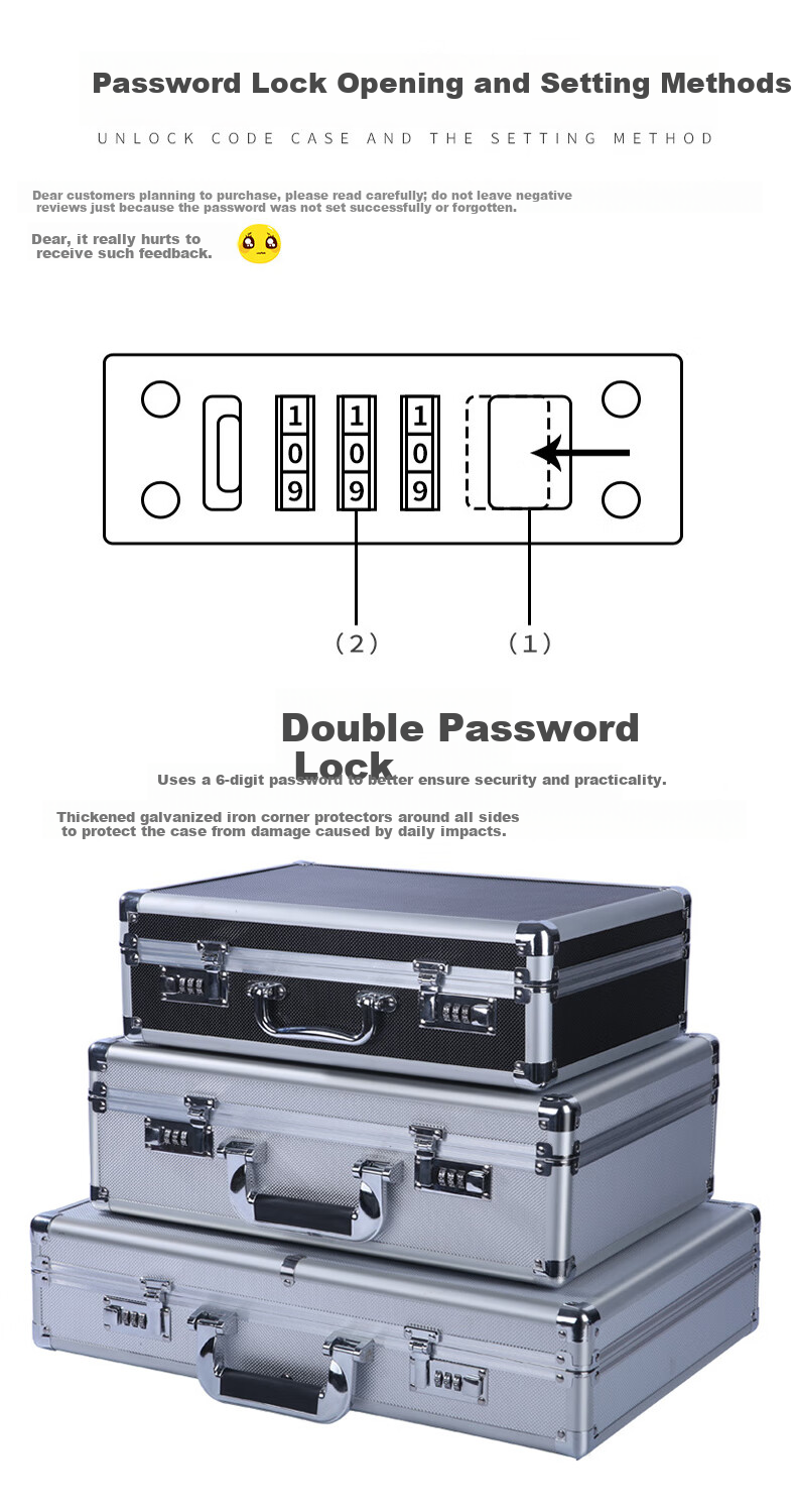 Bingyu BJ419 Aluminum Alloy Toolbox Portable File Storage Box Black 35X25X13cm (Padded with Combination Lock) 3