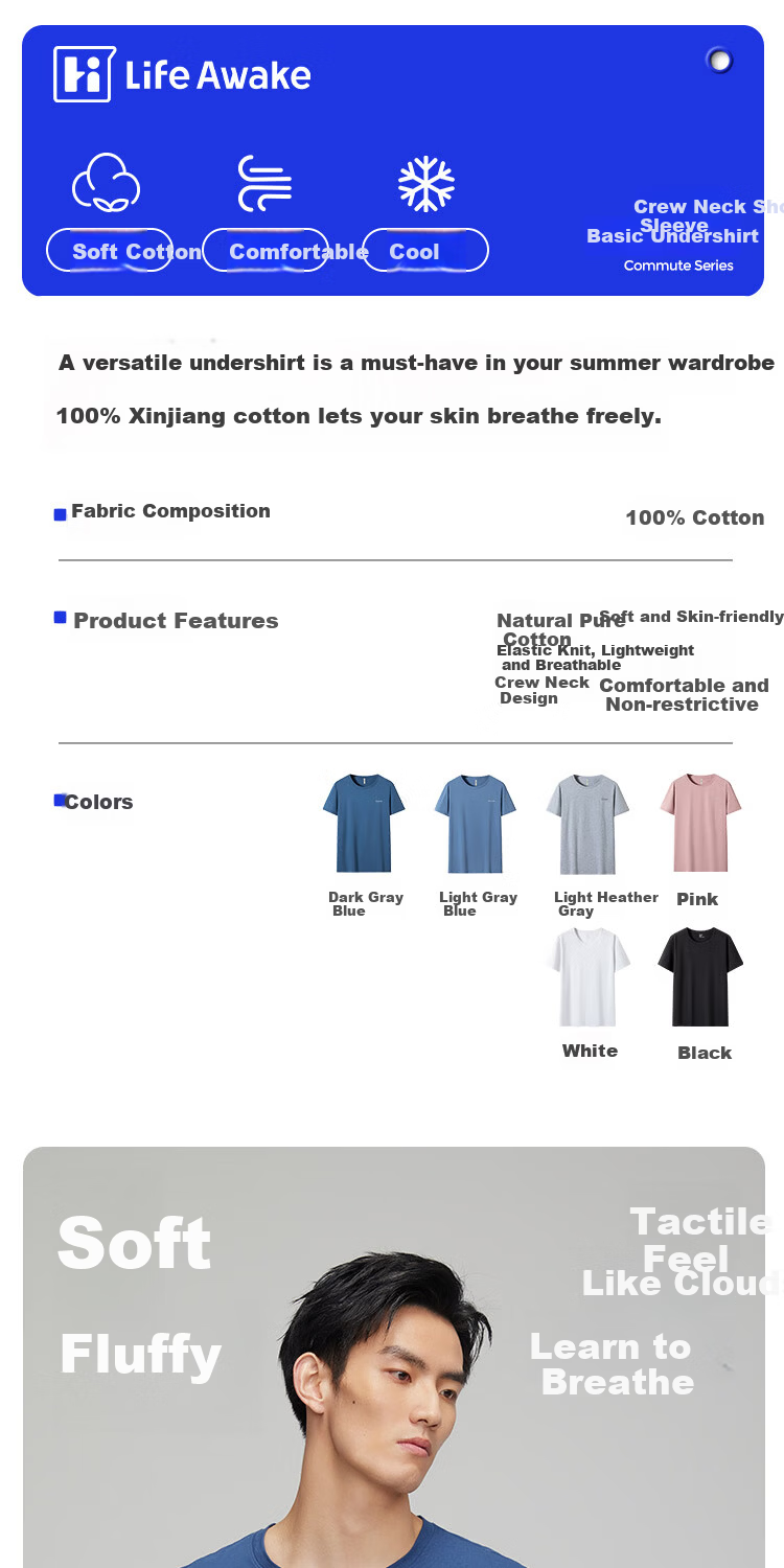 HLA Men’s Short Sleeve T-Shirt, Men’s Crew Neck 100% Cotton, Comfortable Breathable Lightweight Basic Undershirt, 2-Pack 1